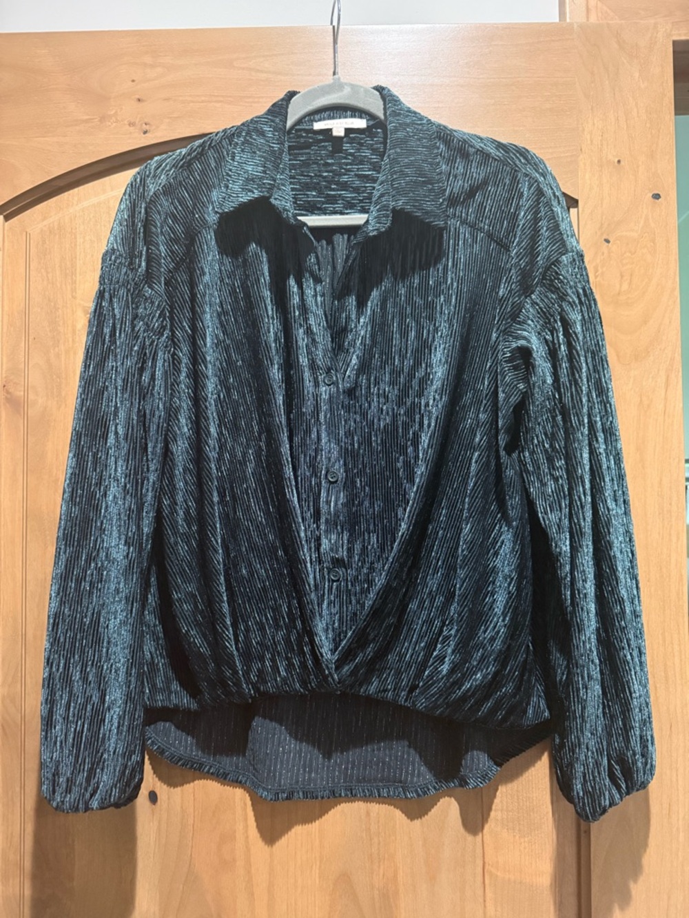 Skies Are Blue Velvet-Textured Button Down Blouse - Teal